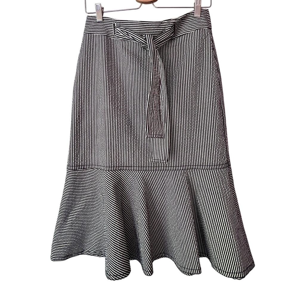 Seersucker Belted Striped Cotton Fit & Flare Skirt Lined